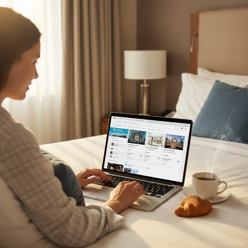 Personne comparant des sites de réservation hôtelière sur un laptop