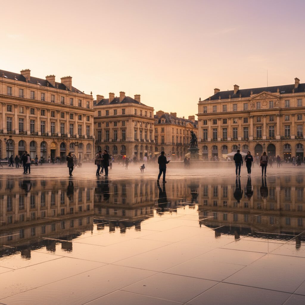 Place de la Bourse et miroir d eau à Bordeaux au coucher du soleil