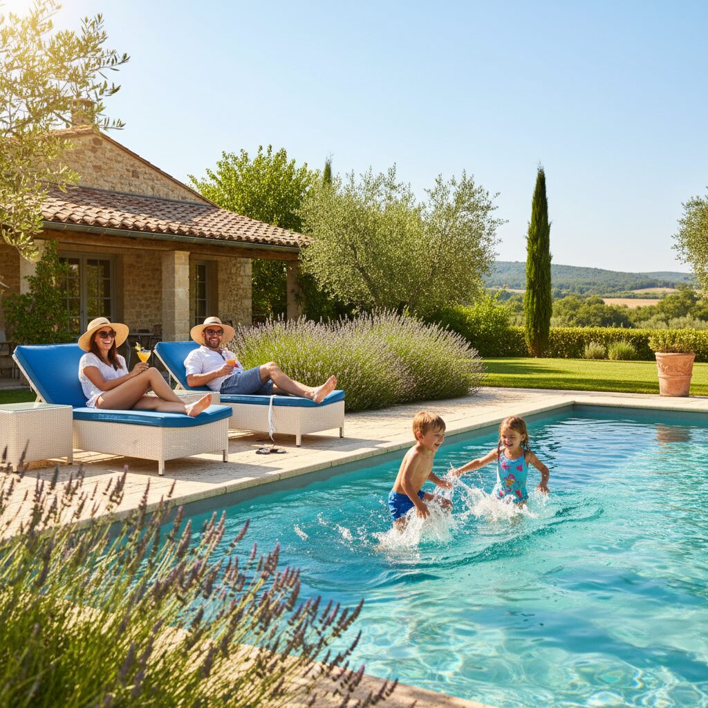 Famille avec enfants au bord de la piscine d un hôtel en France