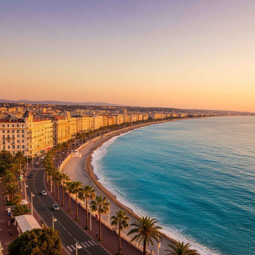 Vue panoramique de la Promenade des Anglais à Nice au coucher du soleil