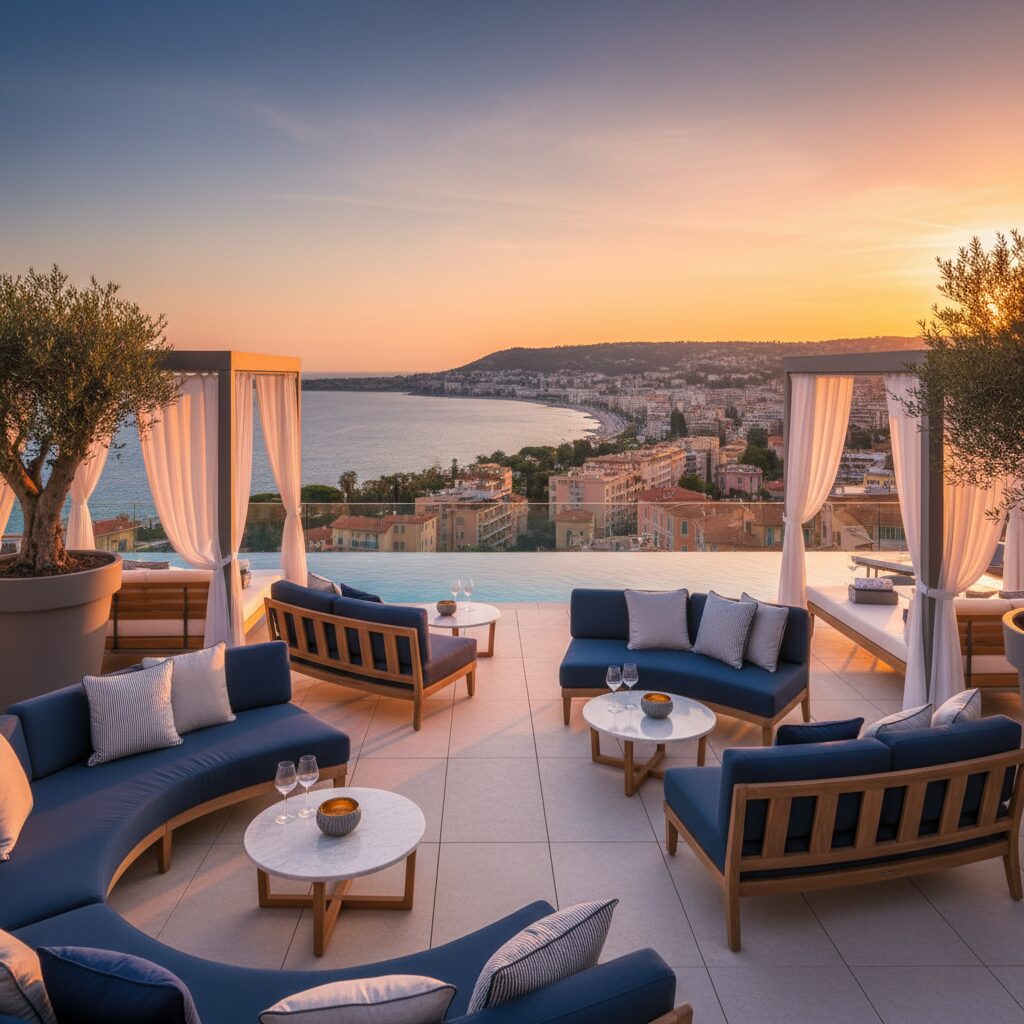 Terrasse rooftop avec vue sur la Baie des Anges