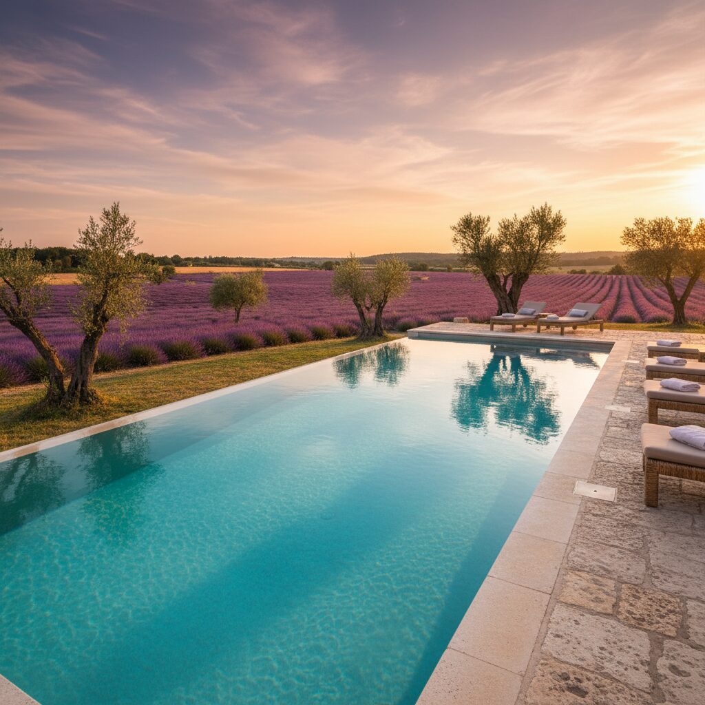 Piscine à débordement face aux champs de lavande en Provence