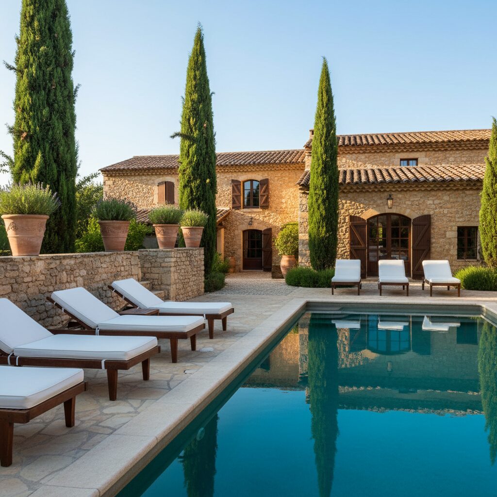 Piscine entourée de cyprès et murs en pierre dans le Luberon