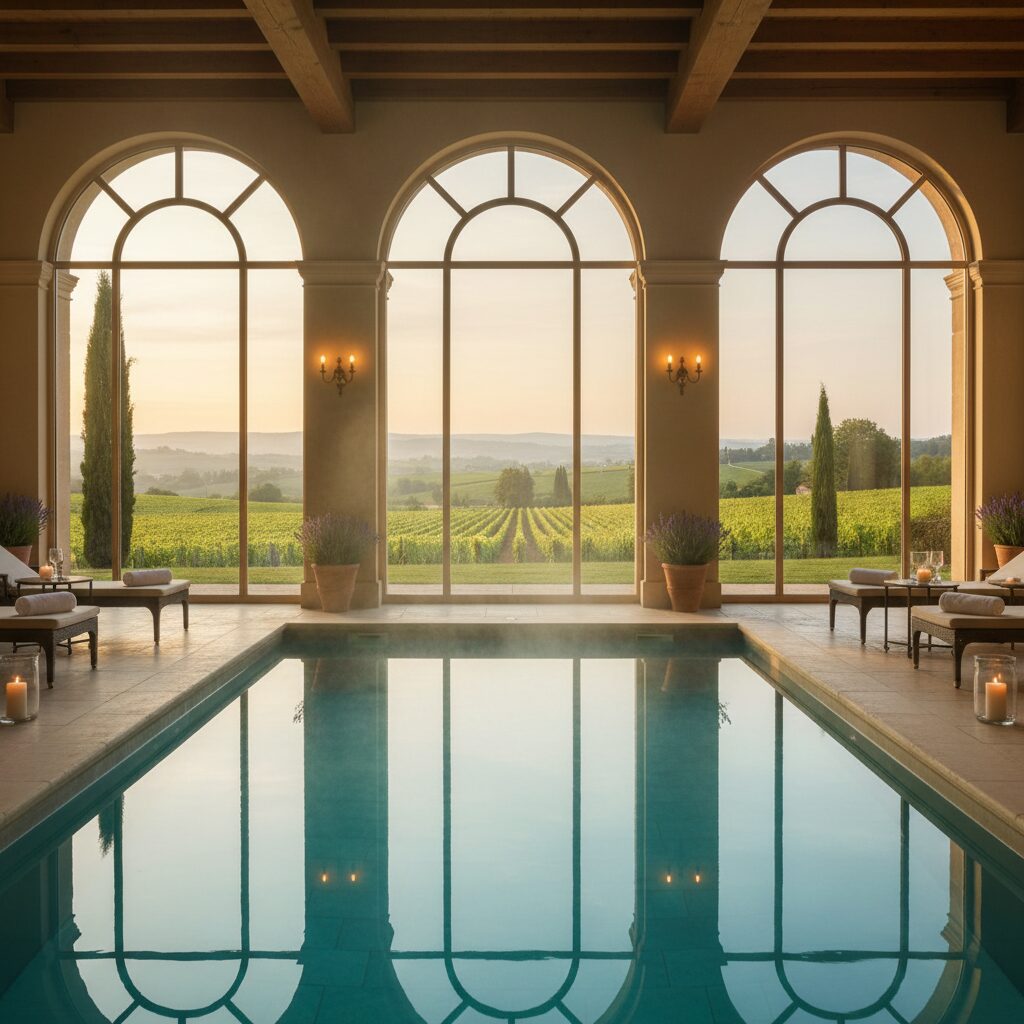 Piscine intérieure chauffée avec vue sur les vignes provençales