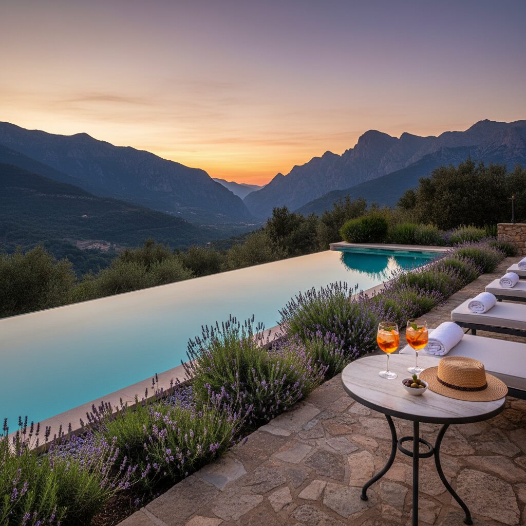 Terrasse piscine avec vue sur les montagnes de Provence