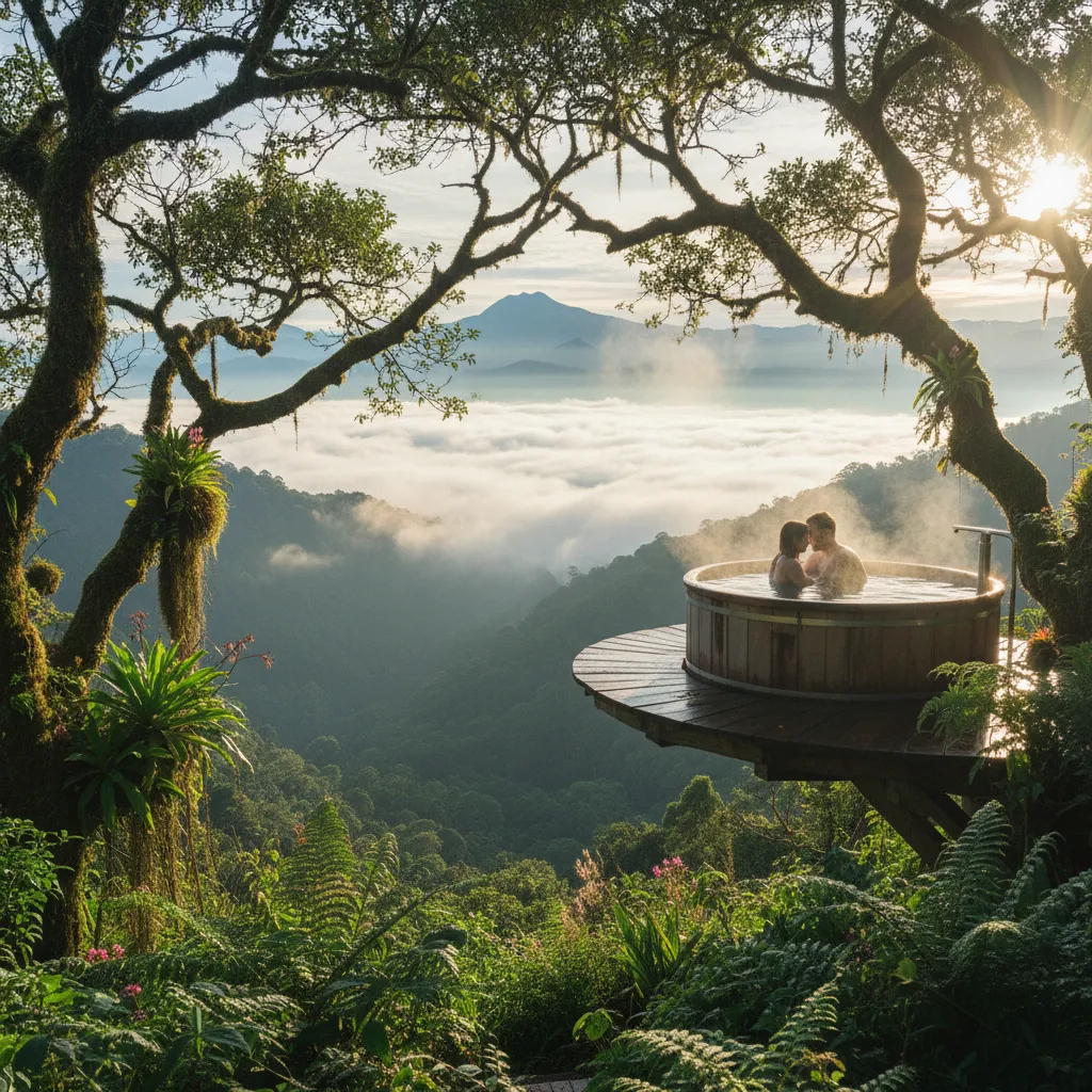 Profiter du jacuzzi au lever du soleil dans la canopée offre une expérience sensorielle unique