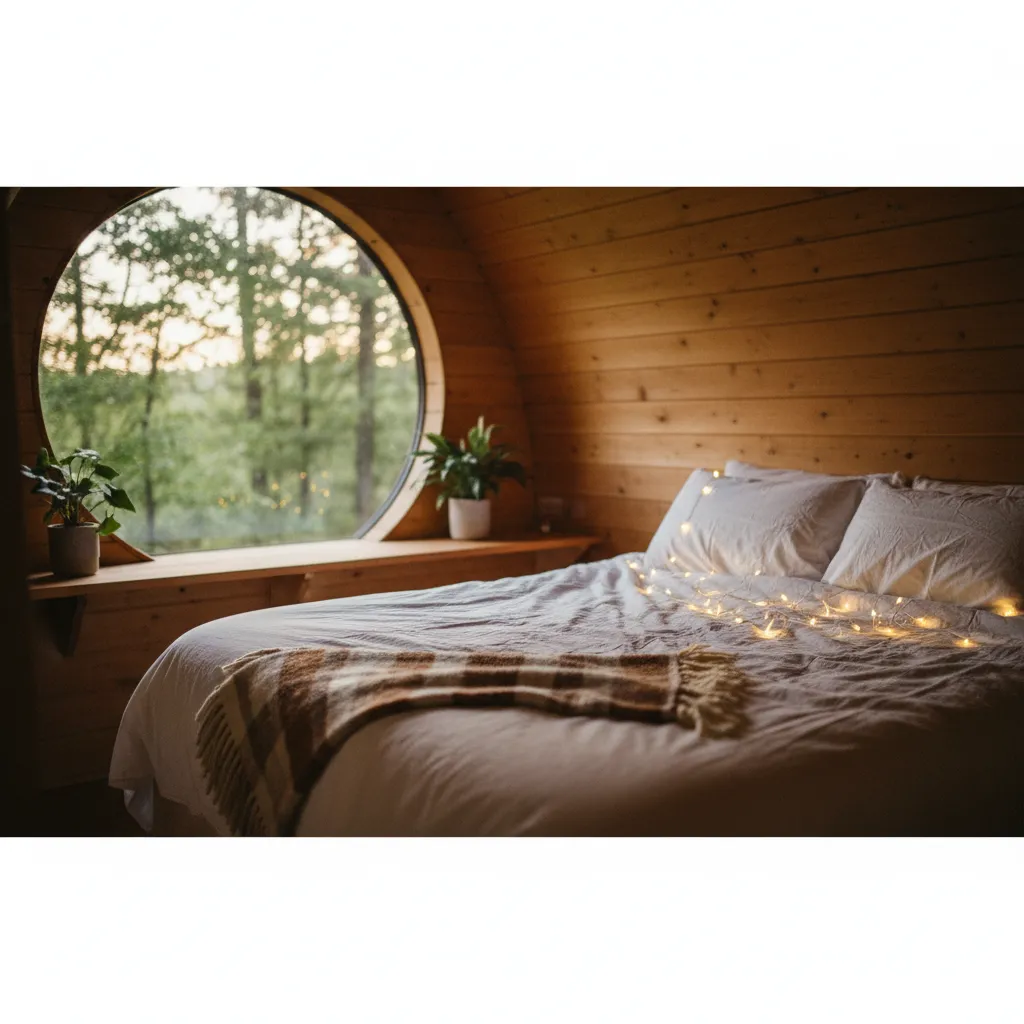 L'intérieur chaleureux d'une cabane dans les arbres avec vue directe sur la forêt