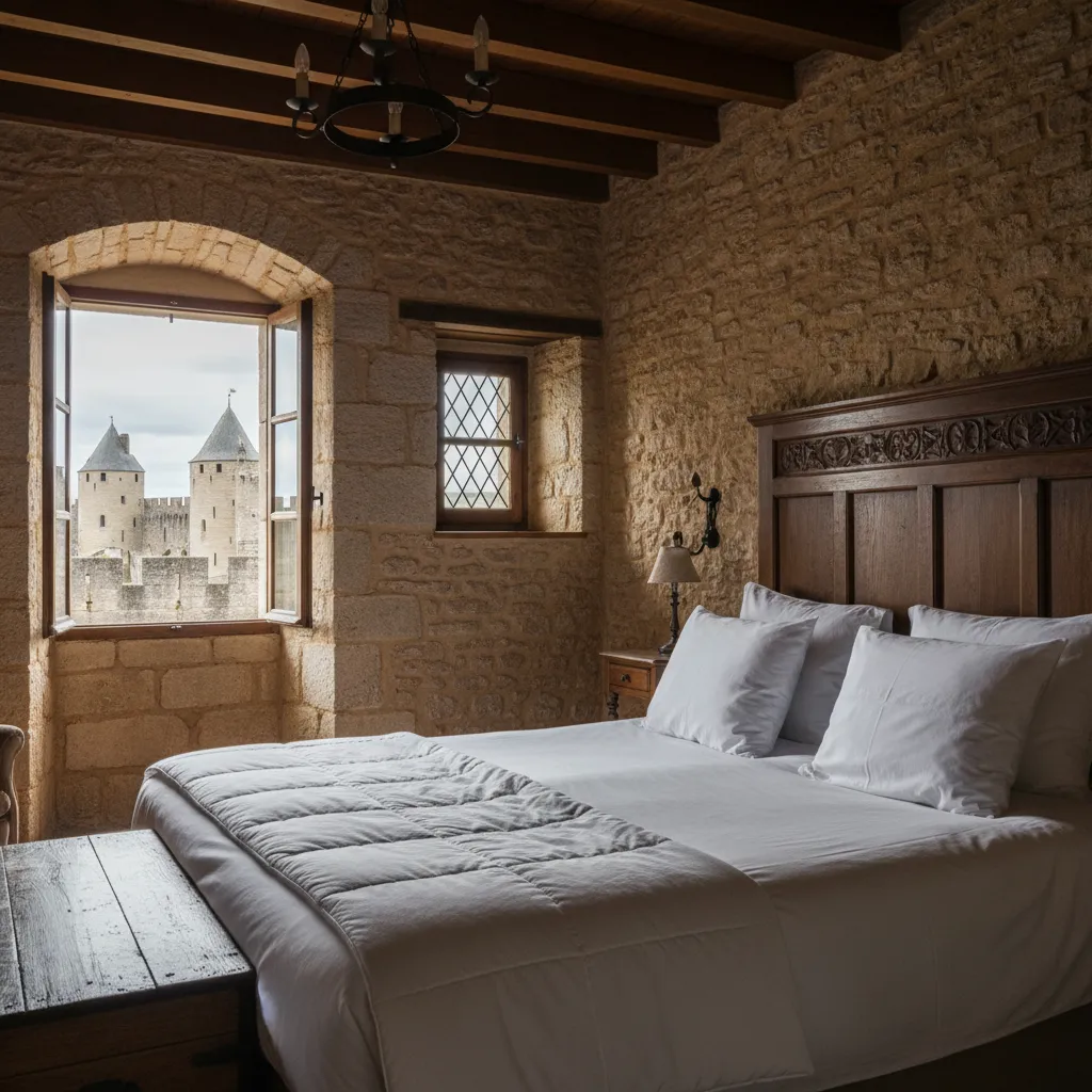Chambre d'hôtel de charme avec pierres apparentes typique des hébergements intra-muros de la Cité