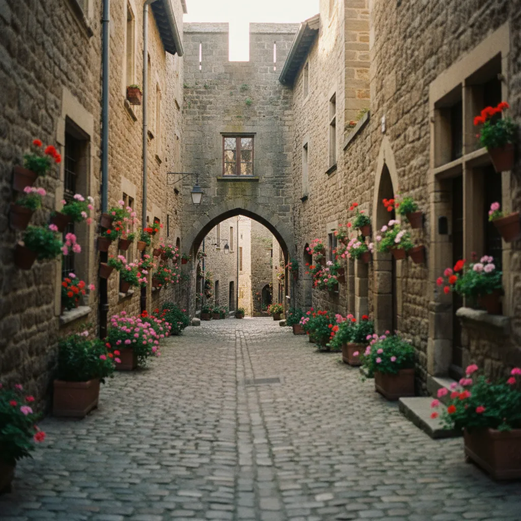 Ruelle pavée de la Cité médiévale au petit matin, avant l'arrivée des visiteurs