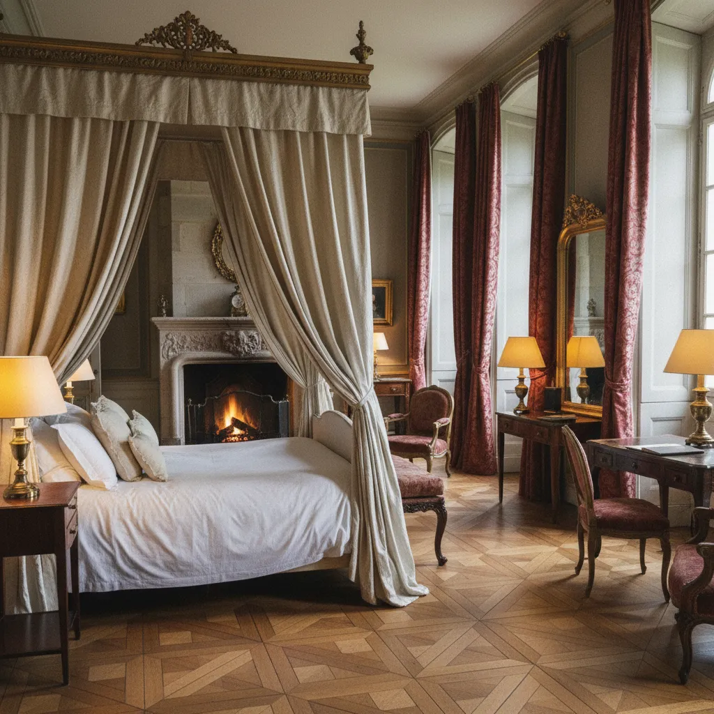 Une suite prestige avec lit à baldaquin et cheminée d'époque dans le château principal
