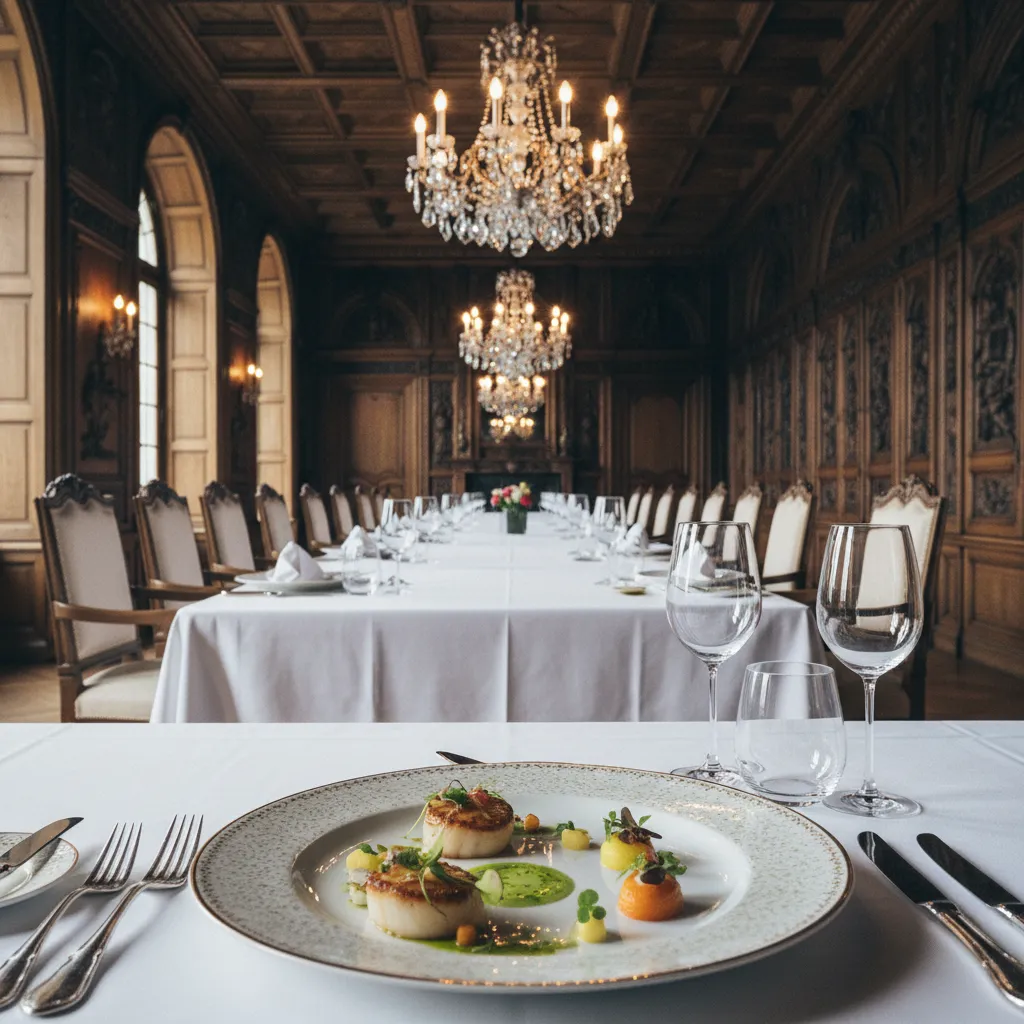 La salle du restaurant gastronomique aux boiseries classées du Château du Bois Guy