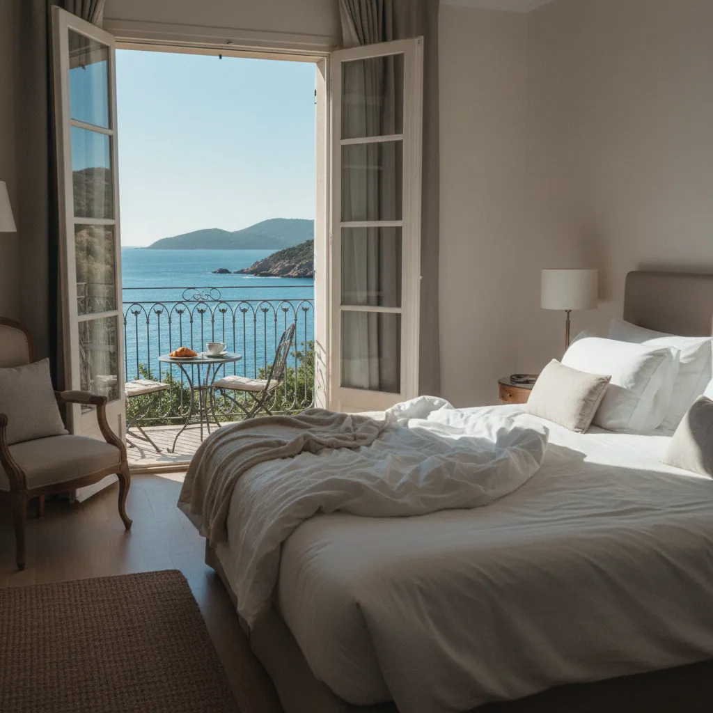 Chambre avec vue mer et balcon donnant sur les eaux turquoise d'Algajola