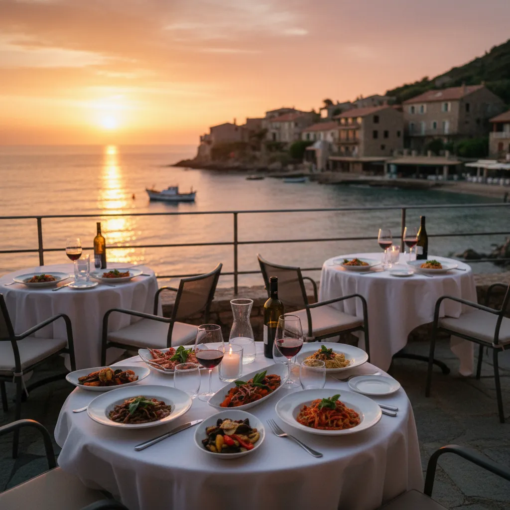 La terrasse du restaurant Beau Rivage au coucher du soleil, face à la Méditerranée