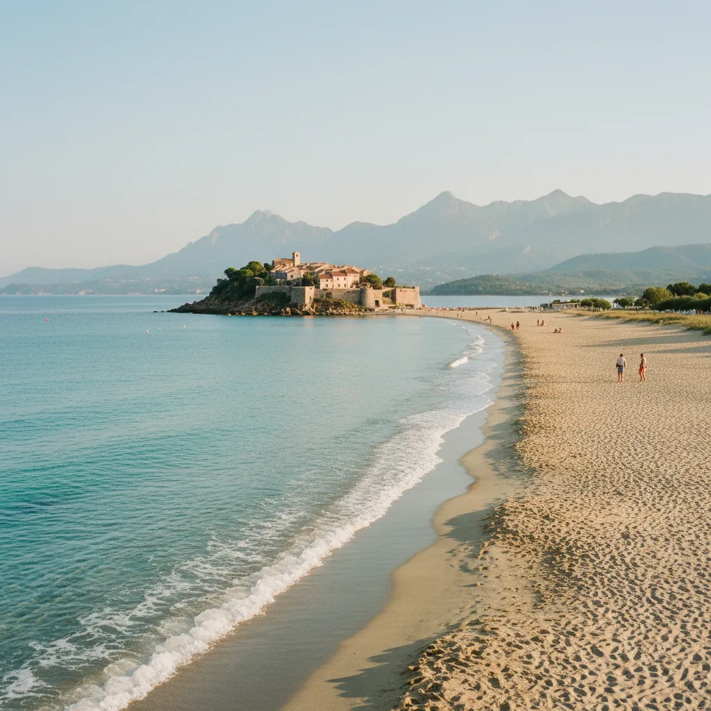 La plage d'Algajola, longue de 1 500 mètres, accessible à pied depuis l'hôtel