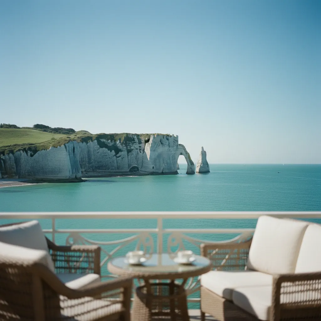 Vue spectaculaire sur les falaises d'Étretat depuis une terrasse d'hôtel de luxe