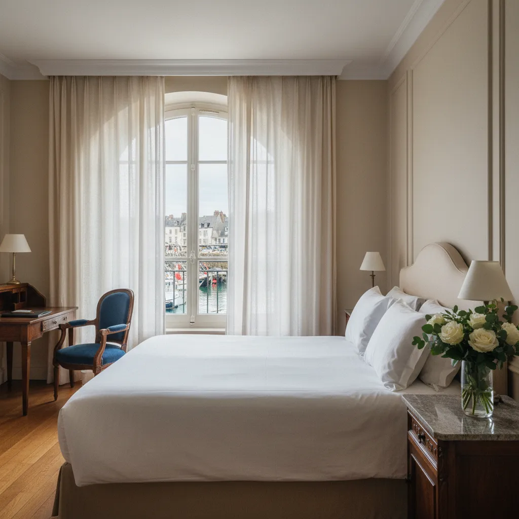 Suite élégante d'un hôtel de charme avec vue sur le port de Honfleur