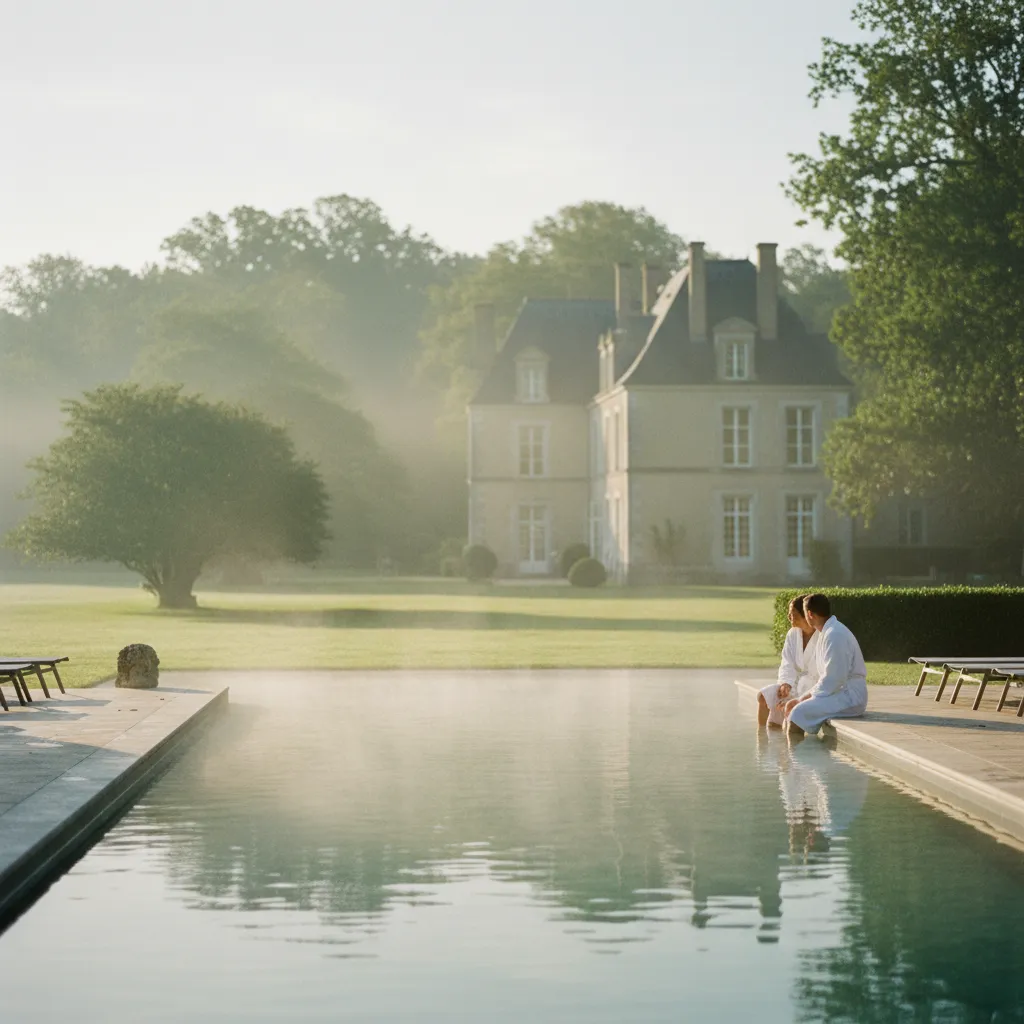 Piscine extérieure chauffée d'un château-hôtel de luxe dans la campagne normande