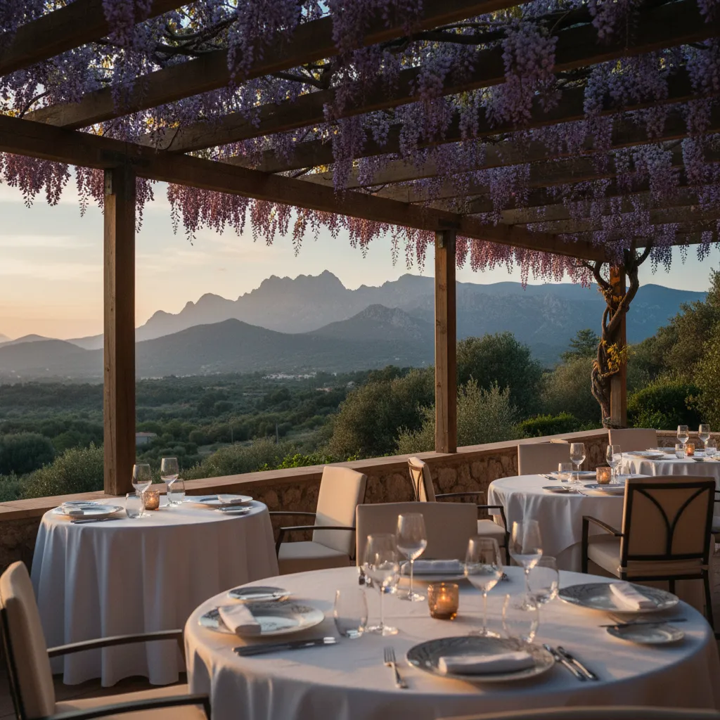 La terrasse ombragée du restaurant, cadre idéal pour un dîner aux saveurs corses