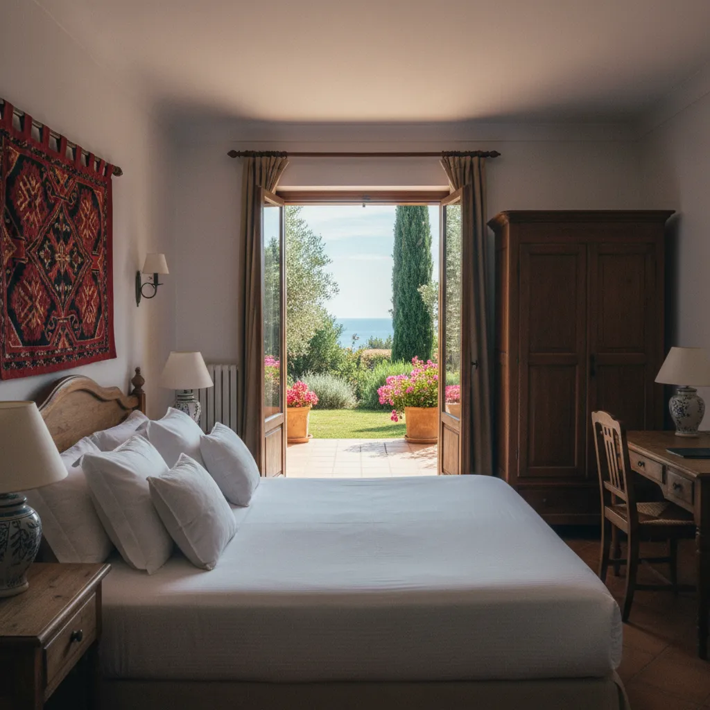 Chambre supérieure avec terrasse privative donnant sur le jardin de l'hôtel