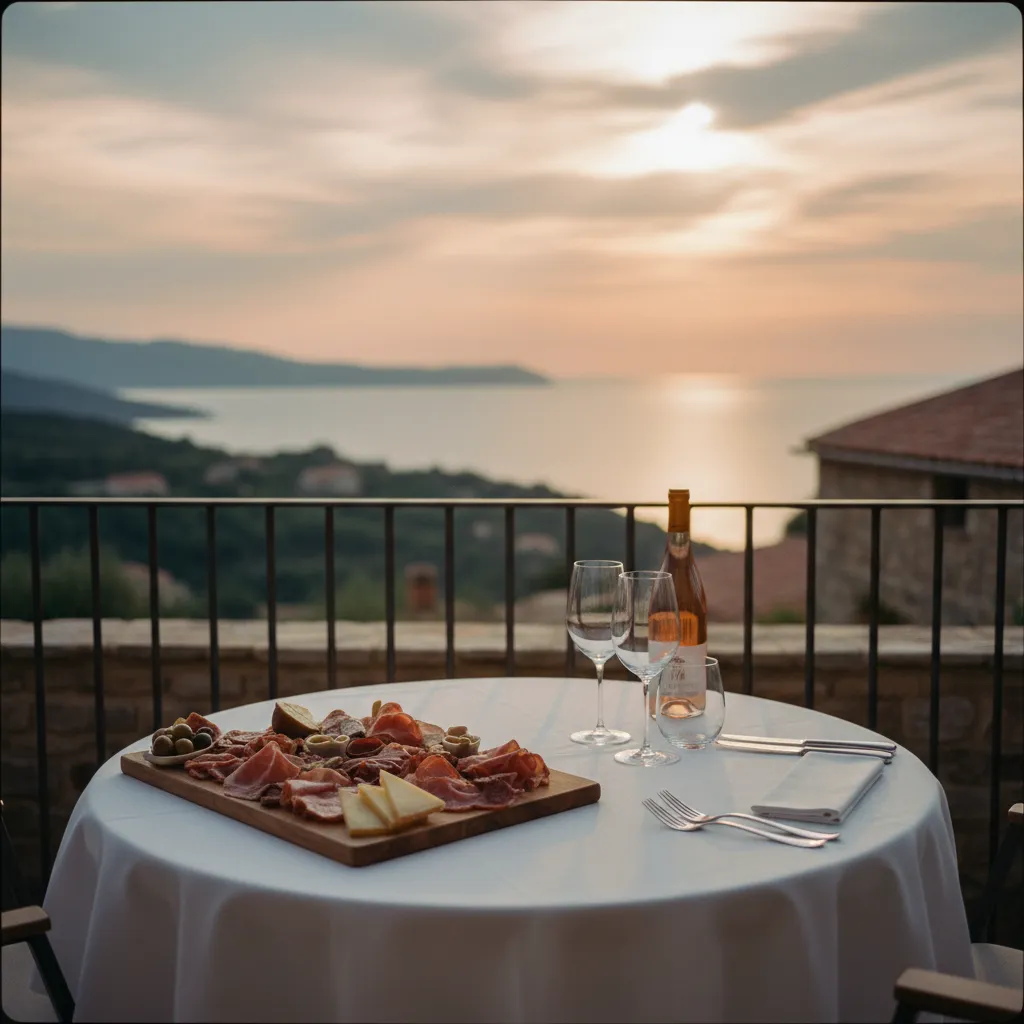 La terrasse du restaurant avec vue sur le golfe au coucher du soleil
