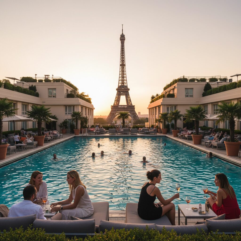 Vue du bassin extérieur du Molitor avec la Tour Eiffel en arrière-plan au coucher du soleil
