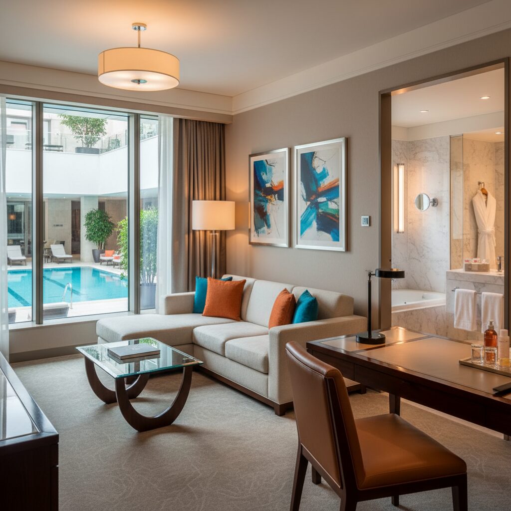 Chambre Supérieure du Molitor Paris avec vue plongeante sur le bassin d'hiver depuis la fenêtre