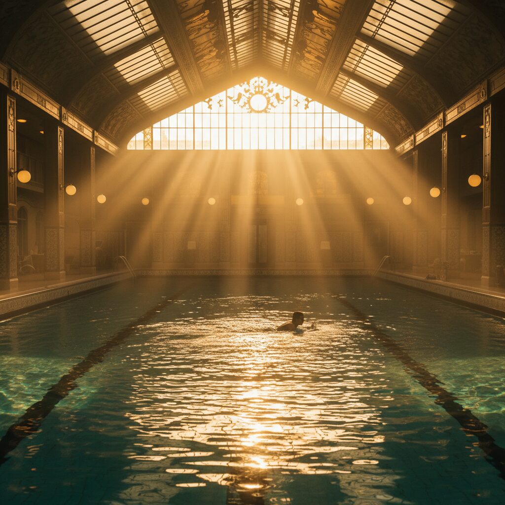 Lumière dorée traversant la verrière Art déco du bassin d'hiver du Molitor en fin de journée