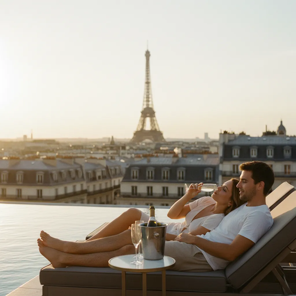 Vue depuis une piscine rooftop avec panorama sur les toits de Paris