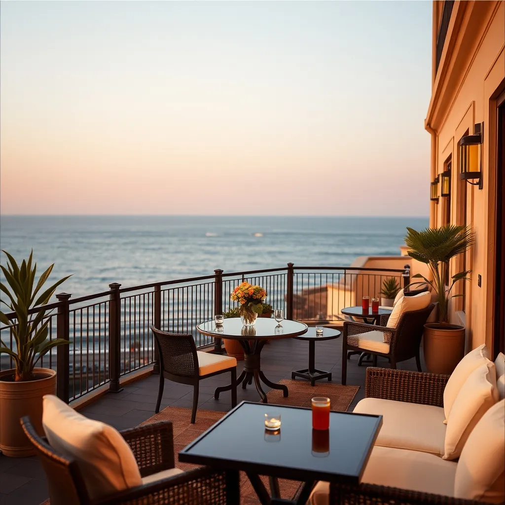 Terrasse d'un hôtel de charme face à l'océan Atlantique à Saint-Jean-de-Luz