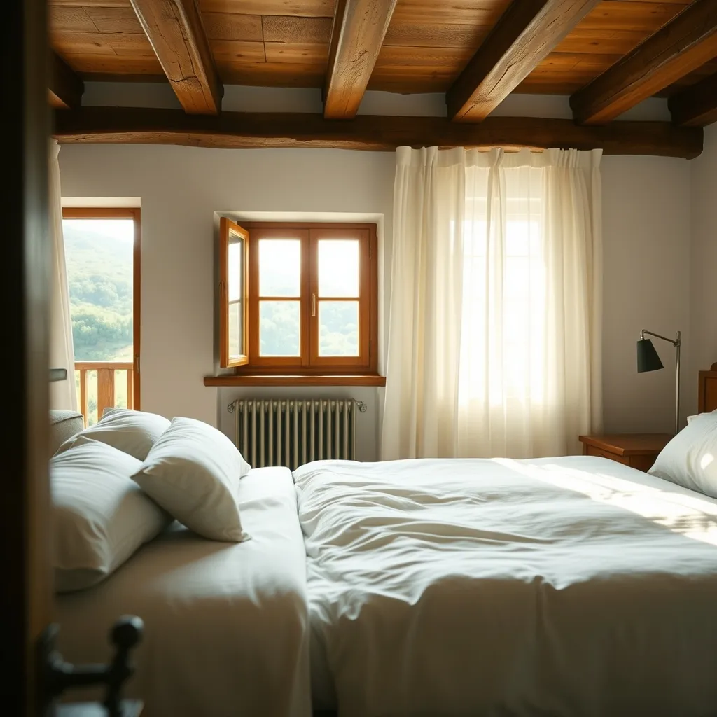 Chambre d'un hôtel de charme dans l'arrière-pays basque avec poutres apparentes