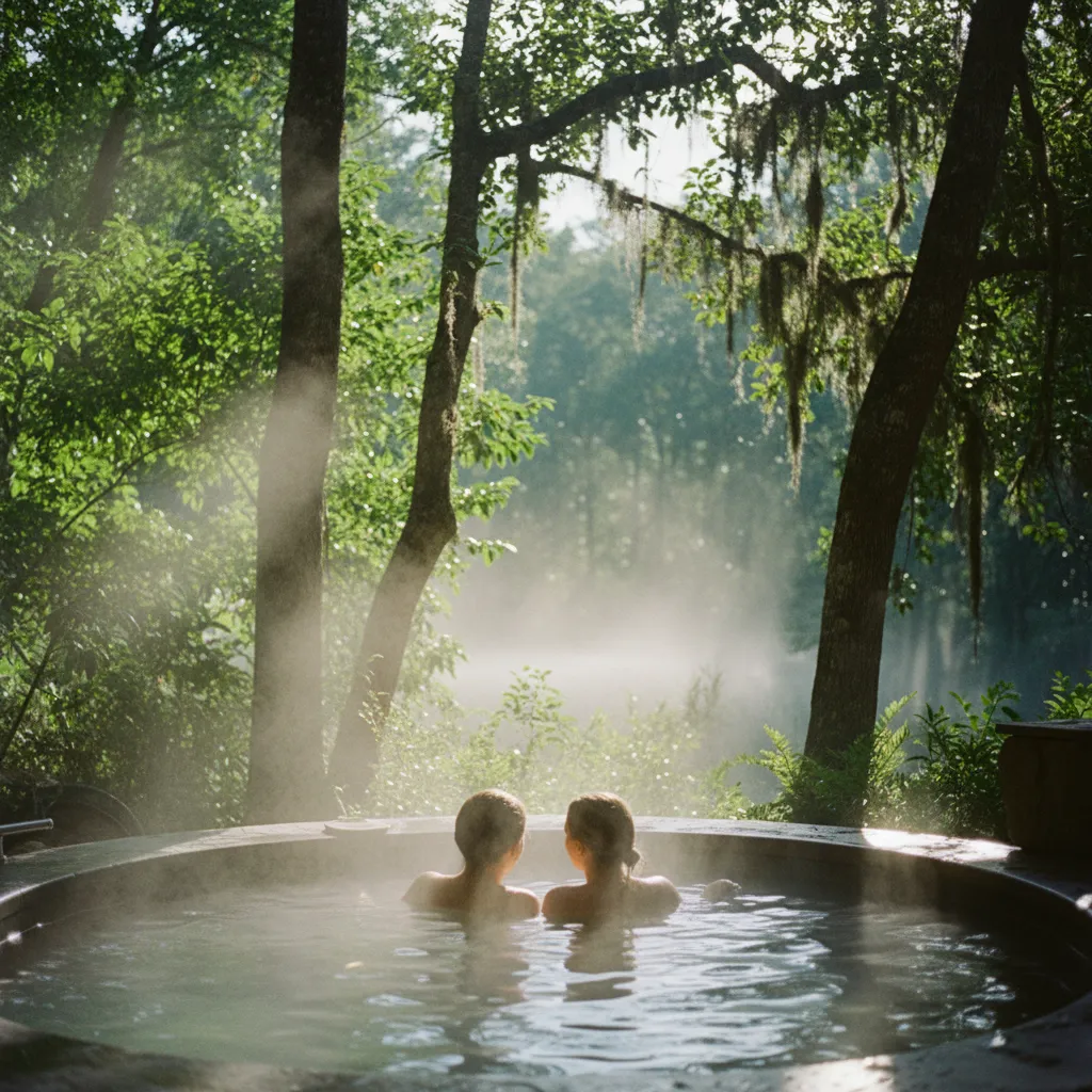 Moment de détente à deux dans un jacuzzi privatif en pleine nature