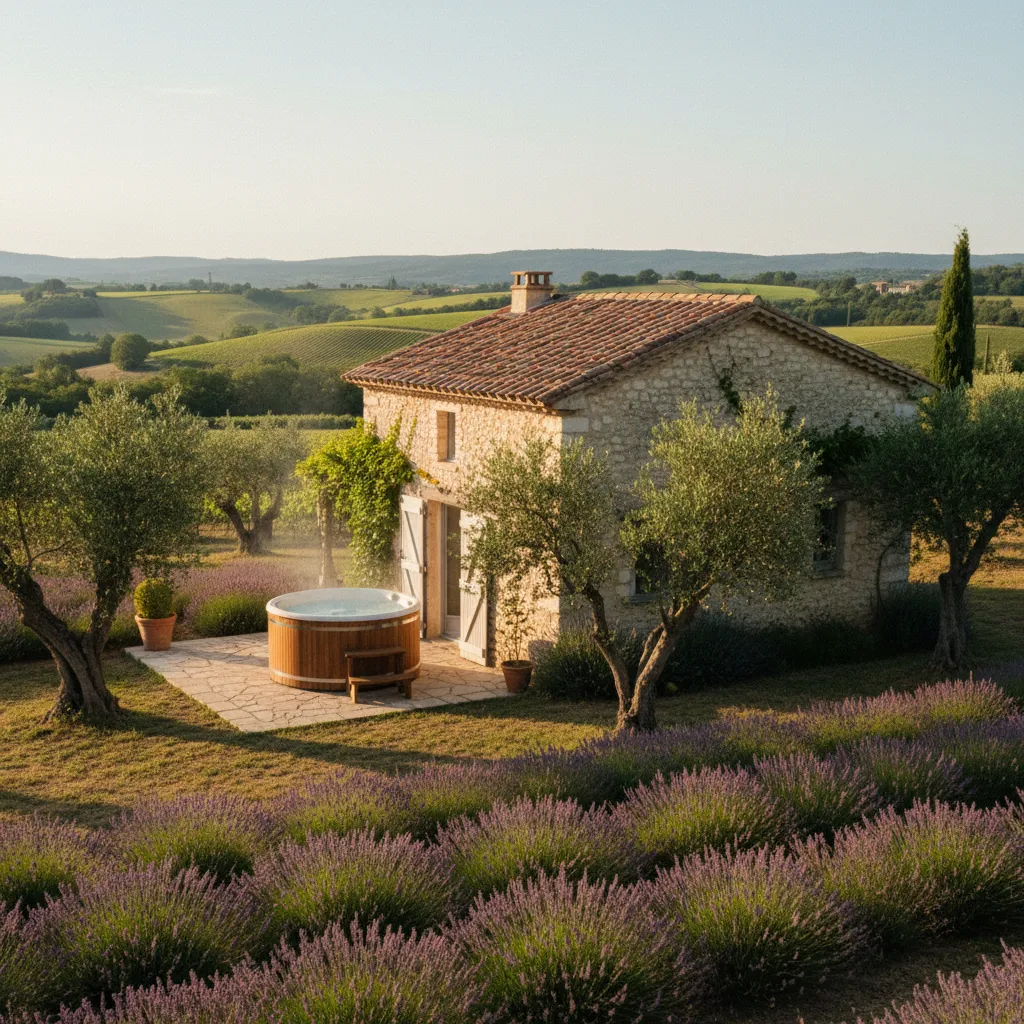 Mas provençal avec jacuzzi privé sur une terrasse entourée de lavande