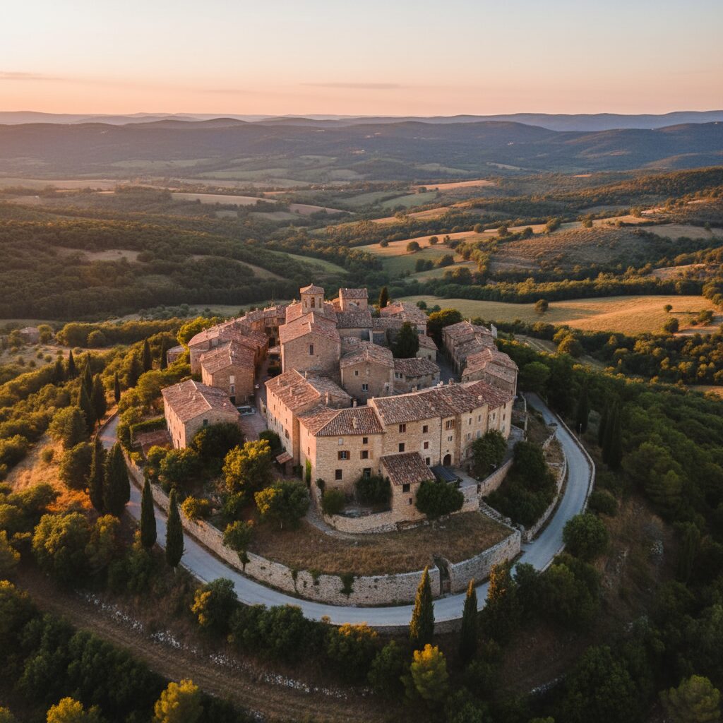 Village provençal perché vu du ciel au coucher du soleil avec lumière dorée et cyprès