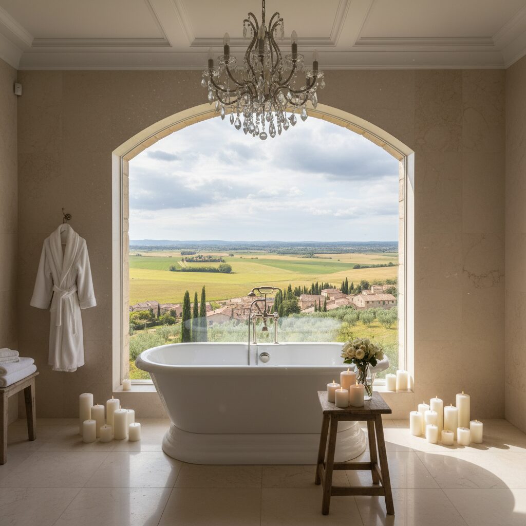 Baignoire élégante devant une fenêtre ouverte sur la campagne française dans une chambre d'hôtel de charme