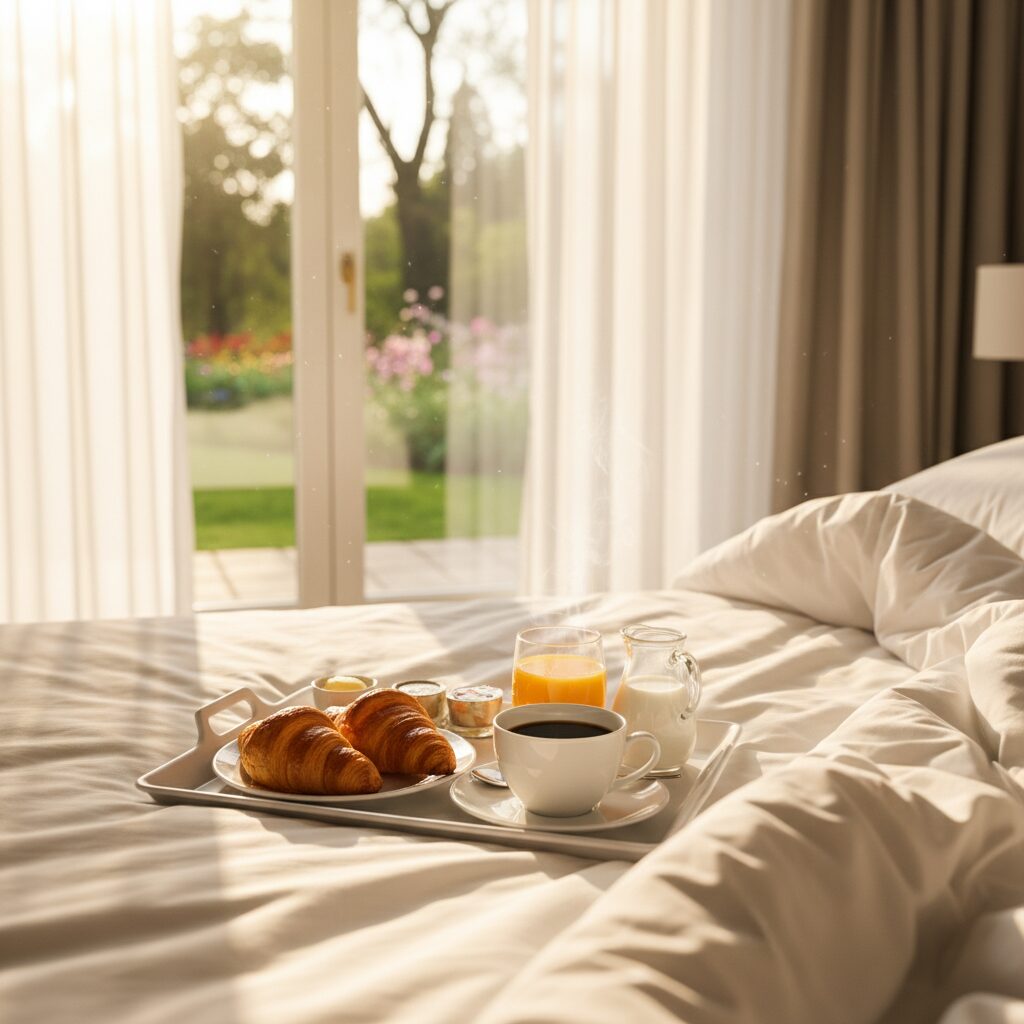Plateau petit-déjeuner français servi sur un lit d'hôtel avec croissants et café face à un jardin ensoleillé