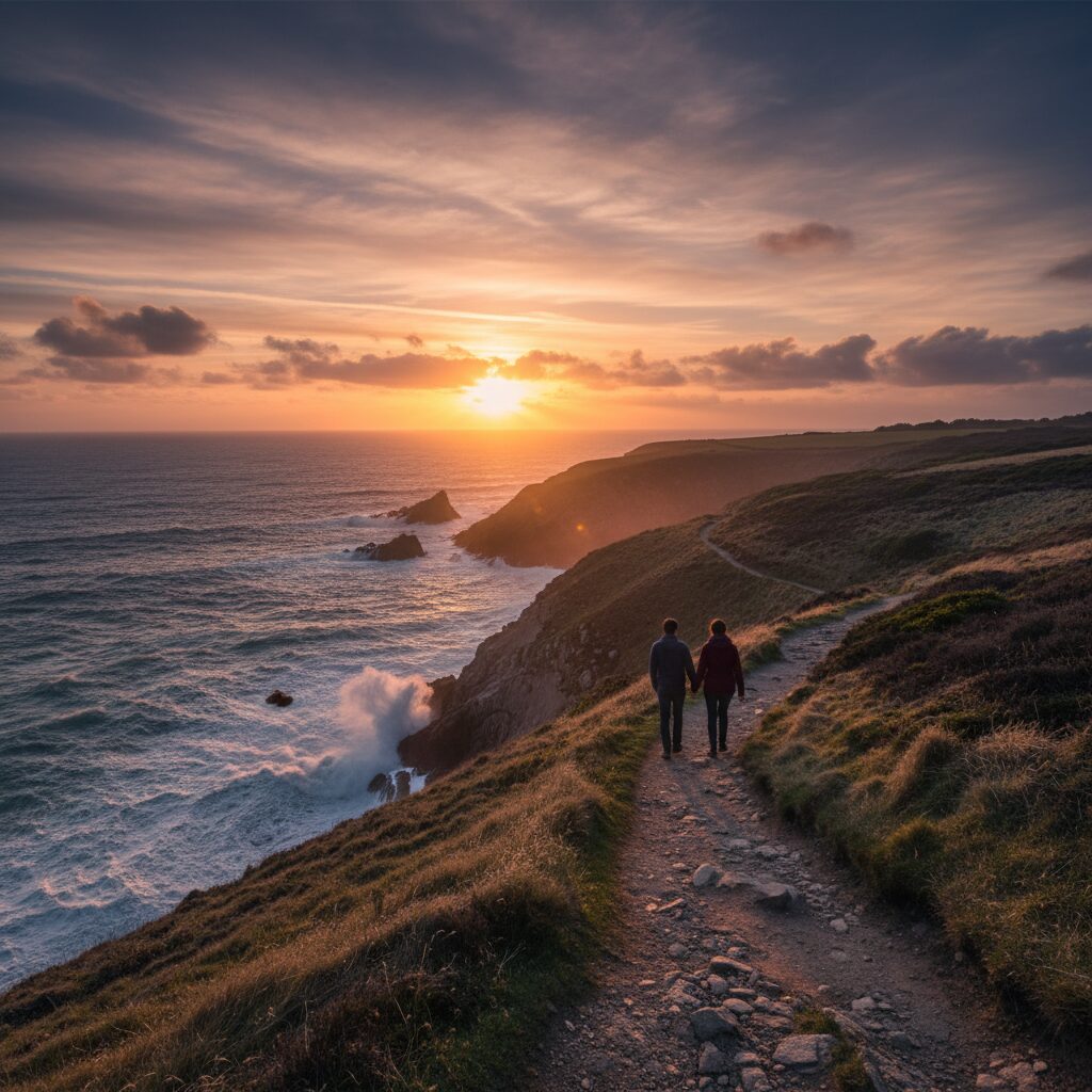 Couple marchant sur un sentier littoral breton au crépuscule avec falaises et océan en arrière-plan