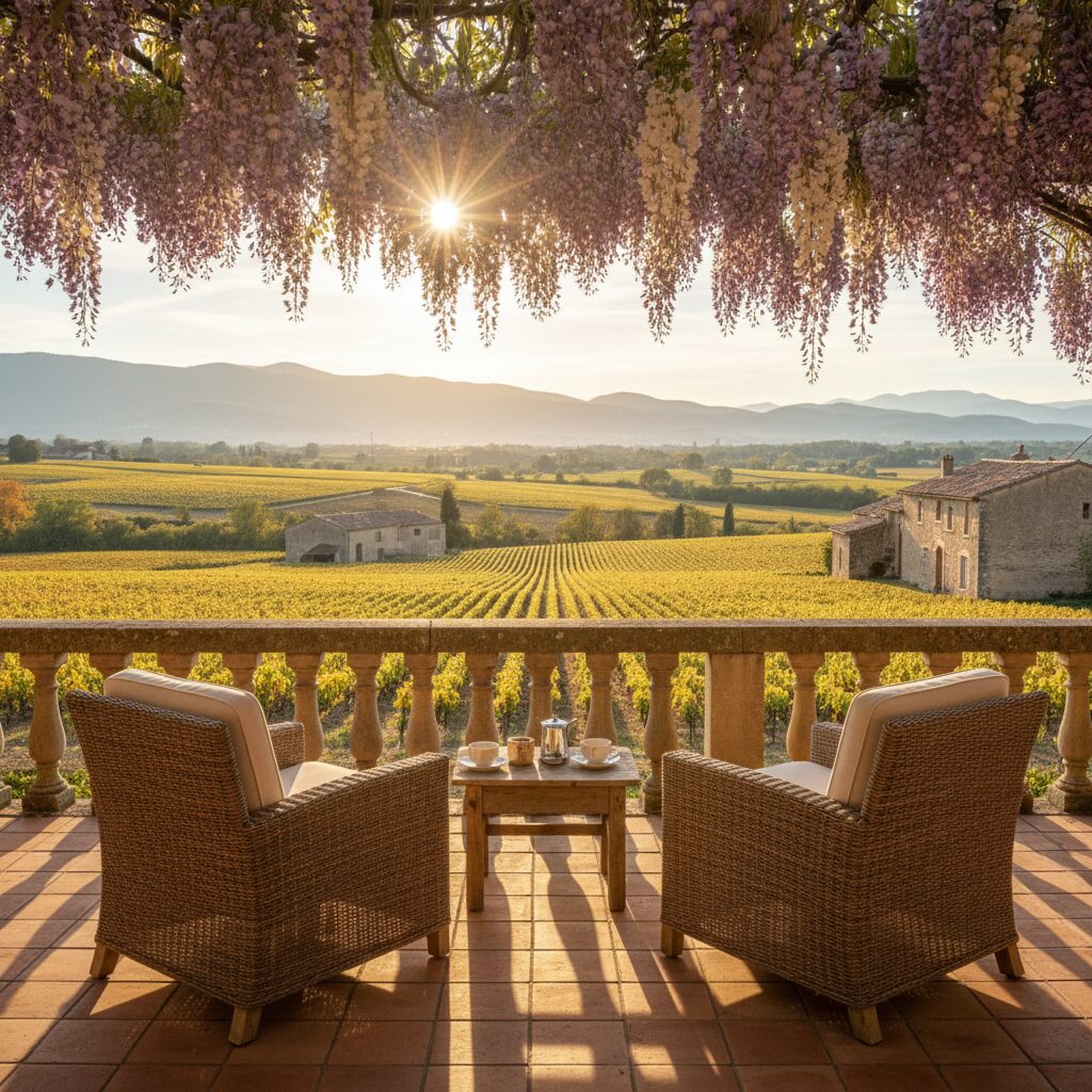 Terrasse d'hôtel de charme avec deux fauteuils face à un panorama de collines et vignobles français