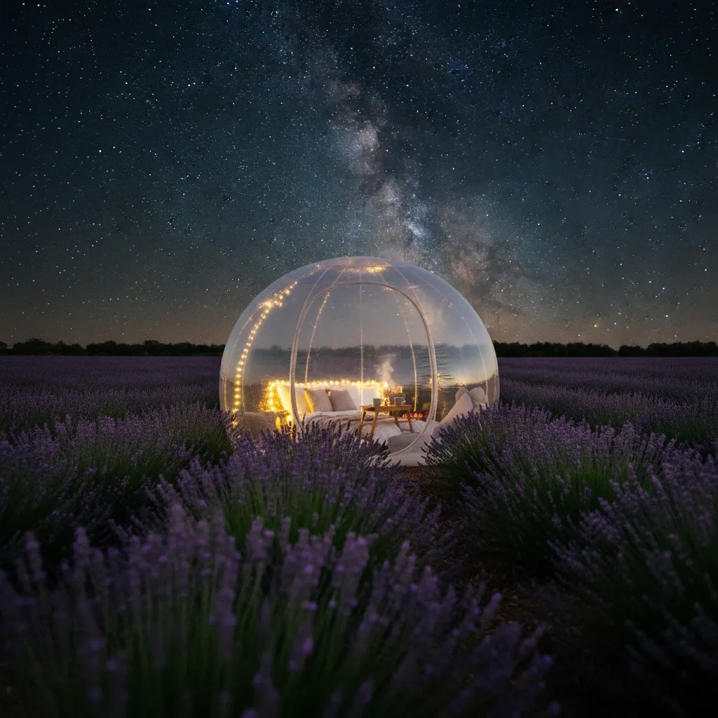 Une bulle transparente dans un champ de lavande provençal pour une nuit sous les étoiles