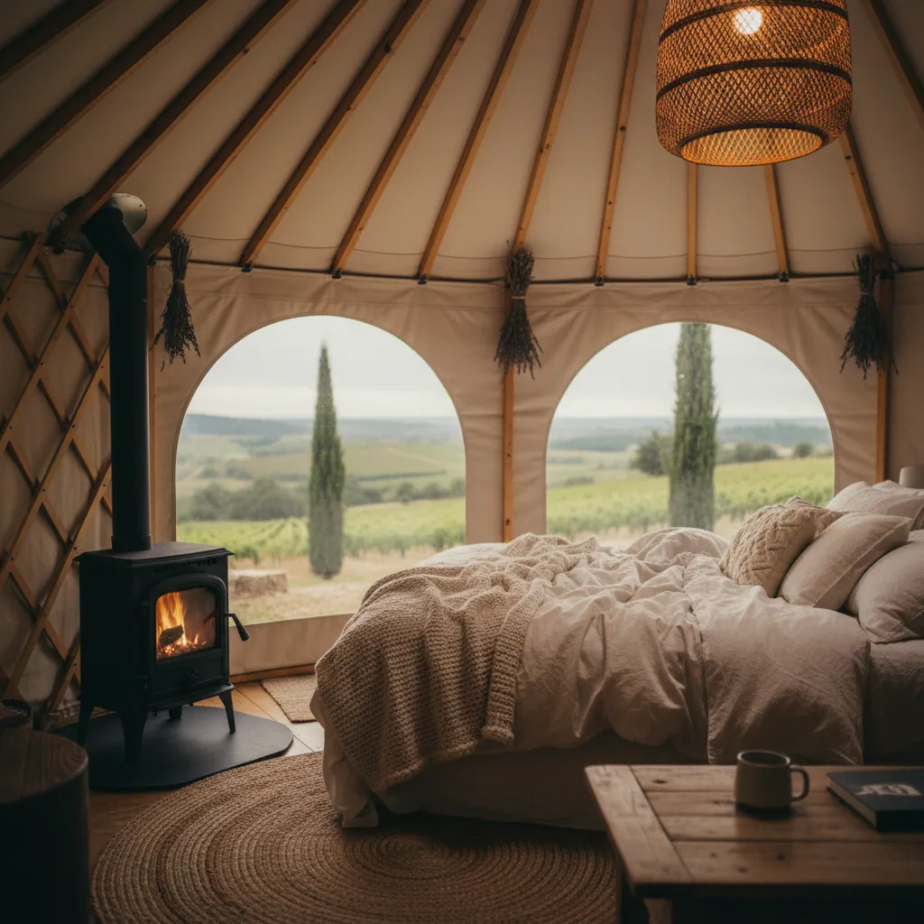 Intérieur chaleureux d'une yourte de luxe avec poêle à bois et literie en lin