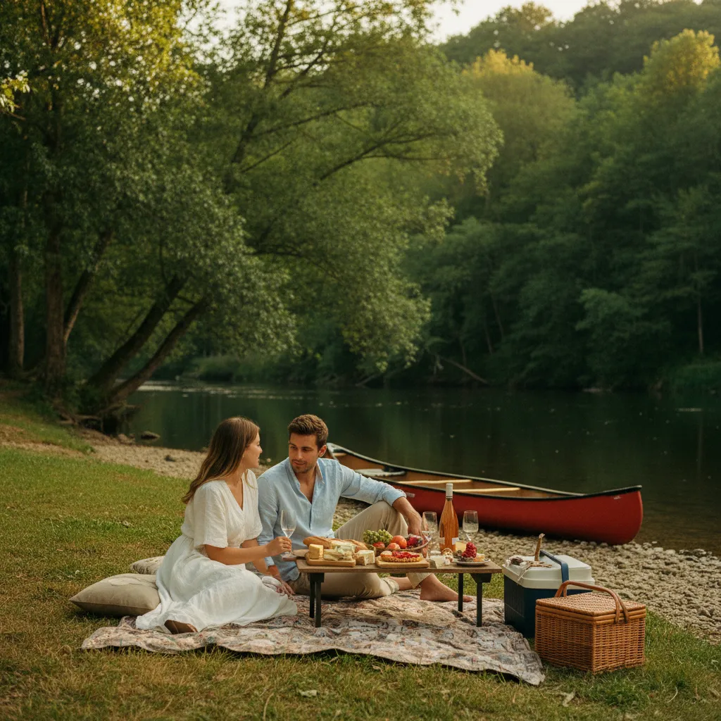 Pique-nique gastronomique au bord de la Vézère après une balade en canoë en Dordogne