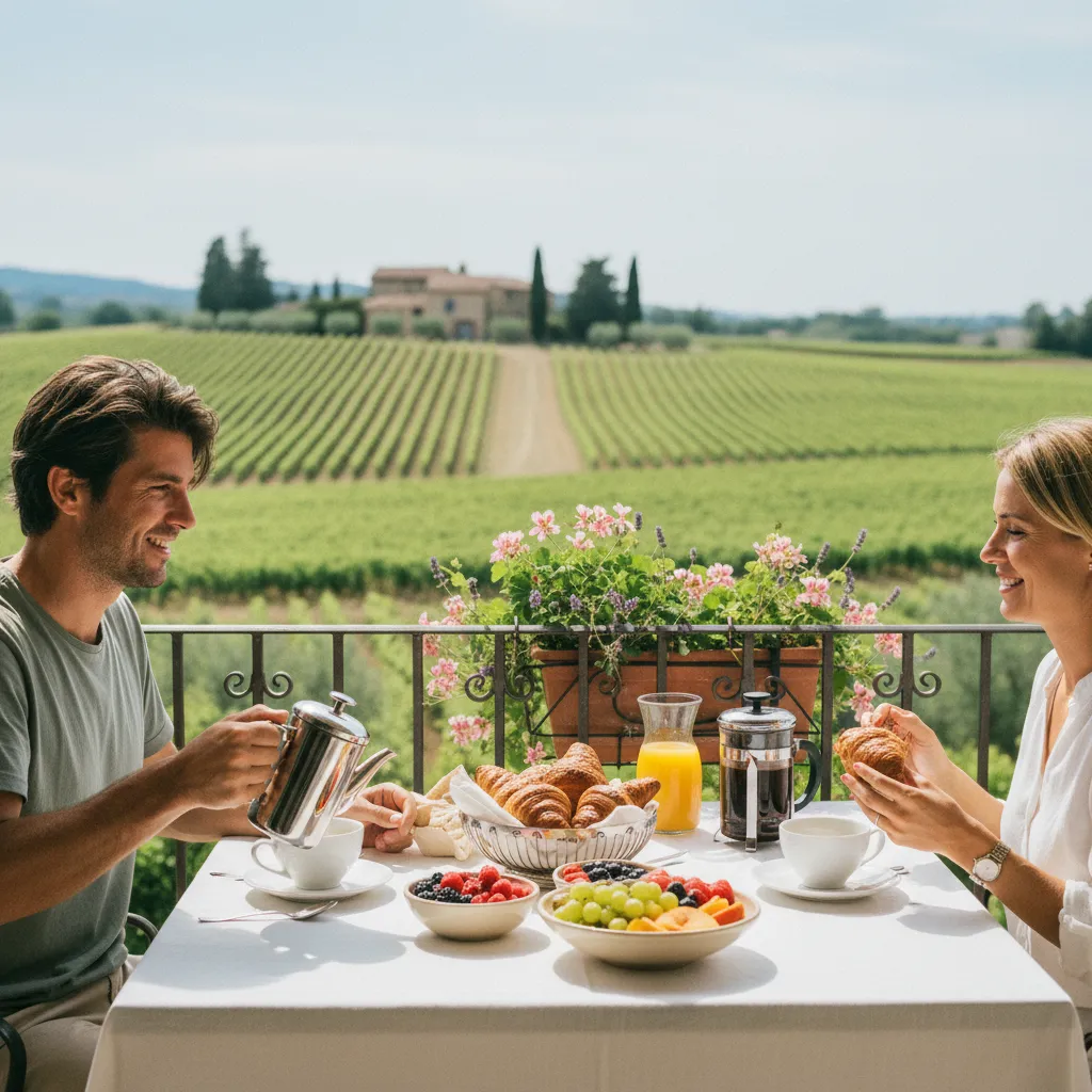 Petit-déjeuner en terrasse privée avec vue sur les vignes, un classique des formules tout compris