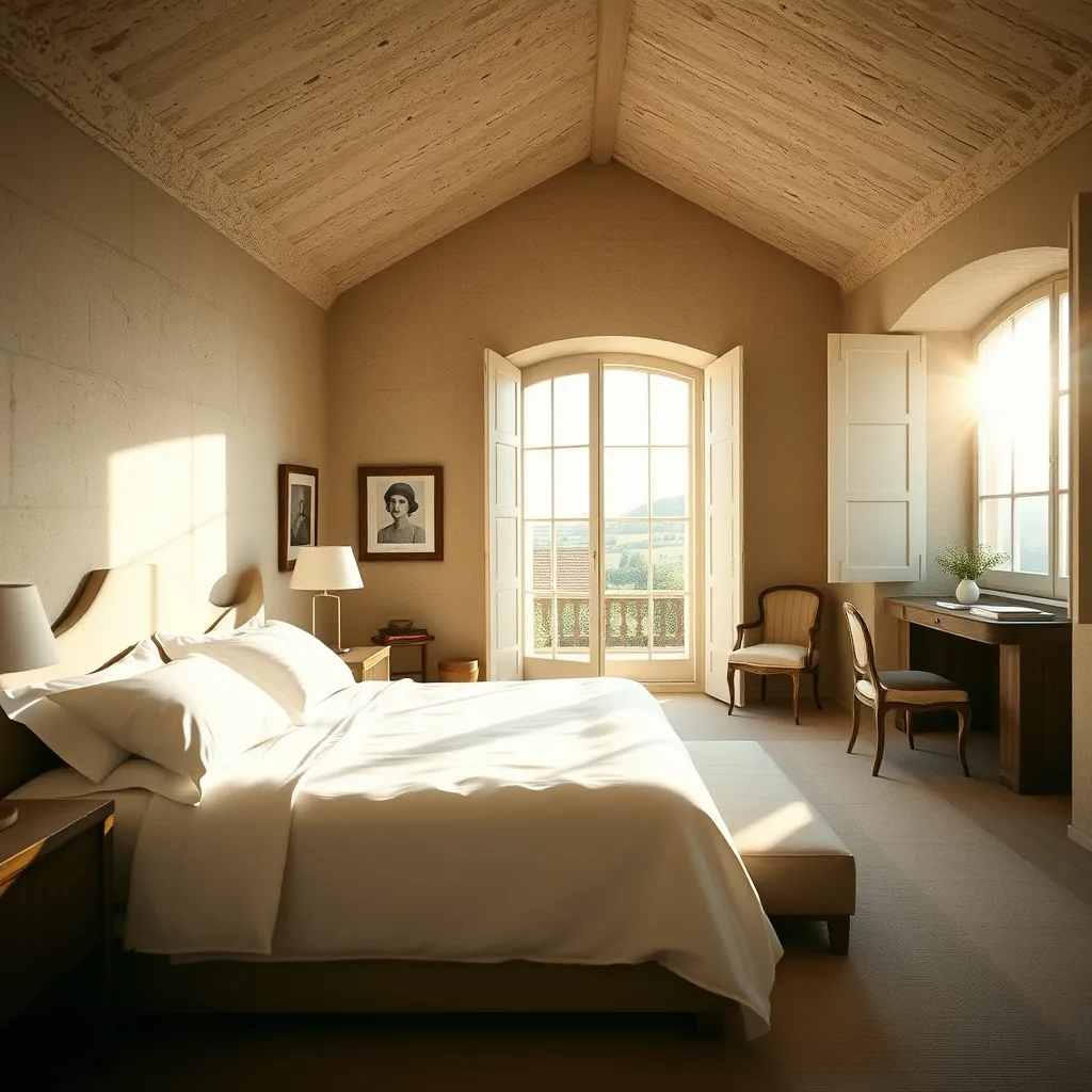 Chambre supérieure avec voûtes en pierre et vue sur le parc du château