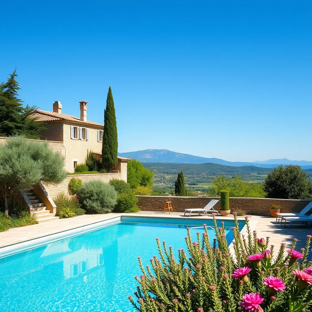 La piscine chauffée du château offre une vue imprenable sur le Mont Ventoux