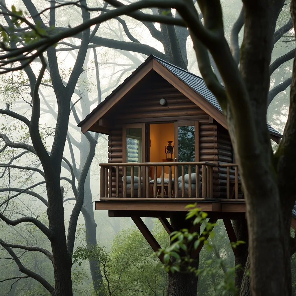 Cabane perchée dans les chênes d'une forêt du Périgord