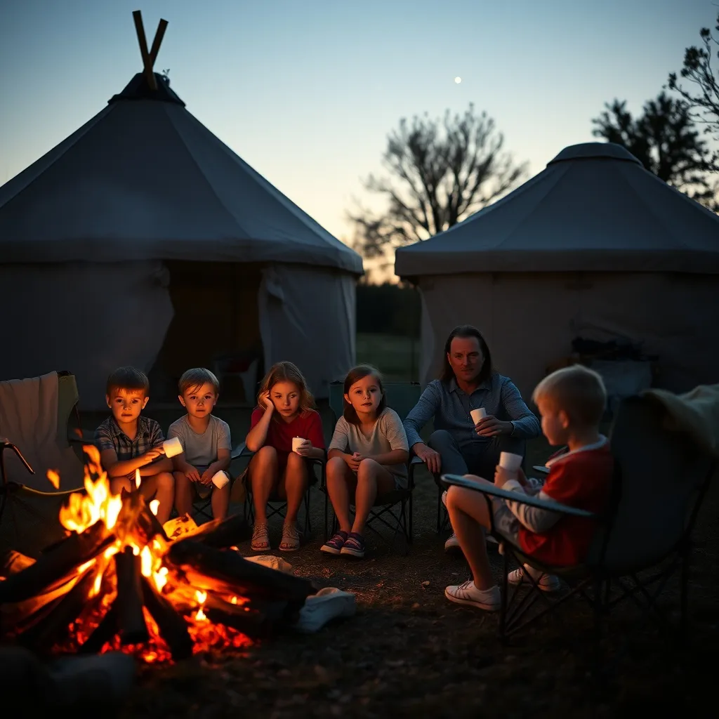 Soirée en famille autour du feu de camp près d'une yourte