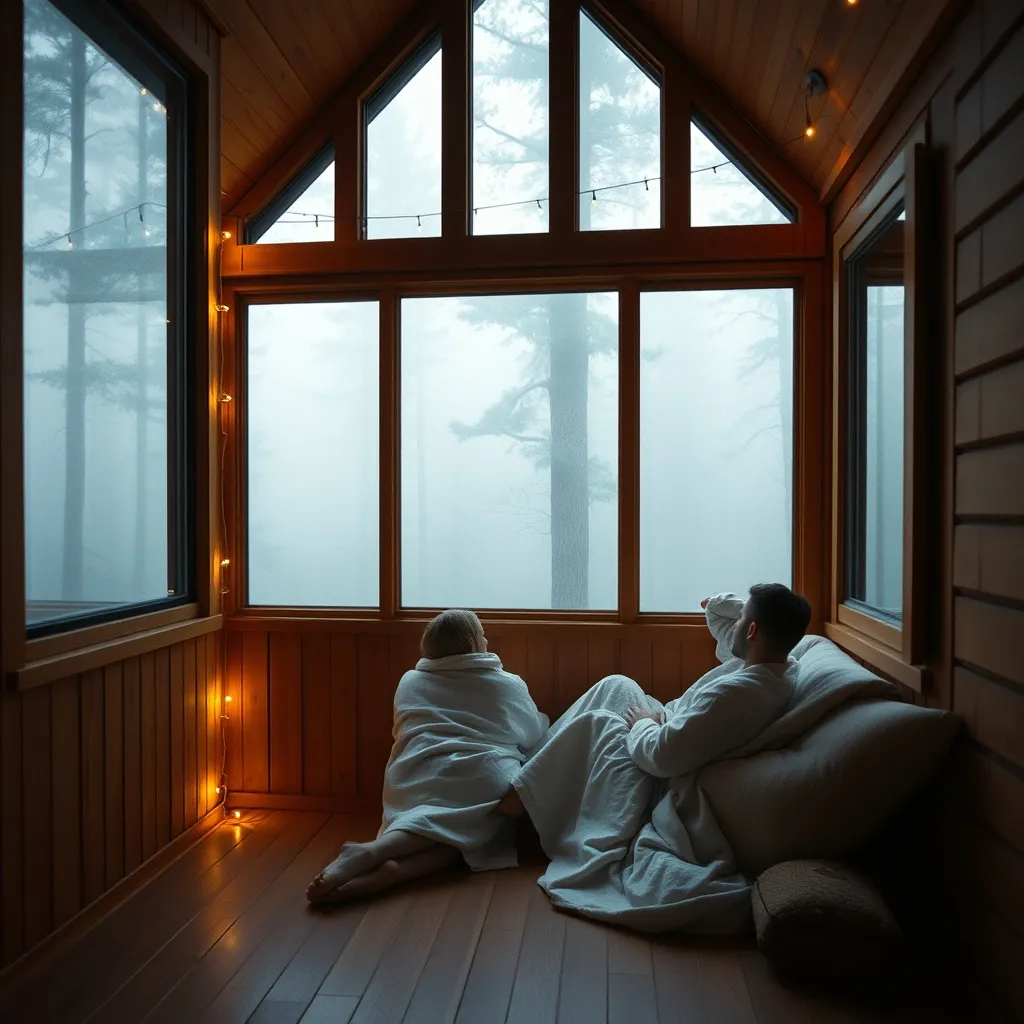 Intérieur chaleureux d'une cabane spa perchée dans les arbres avec vue sur la forêt