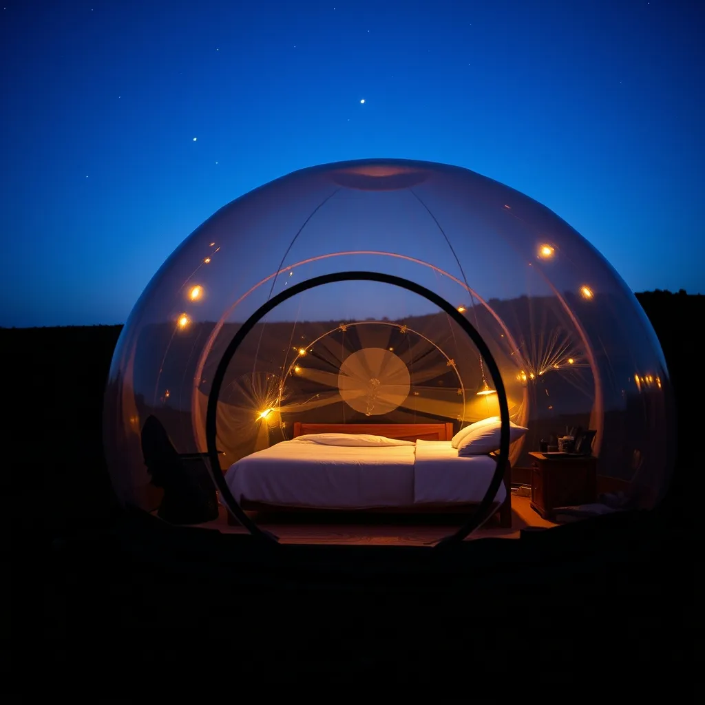 Bulle transparente installée au cœur d'un vignoble ligérien au crépuscule