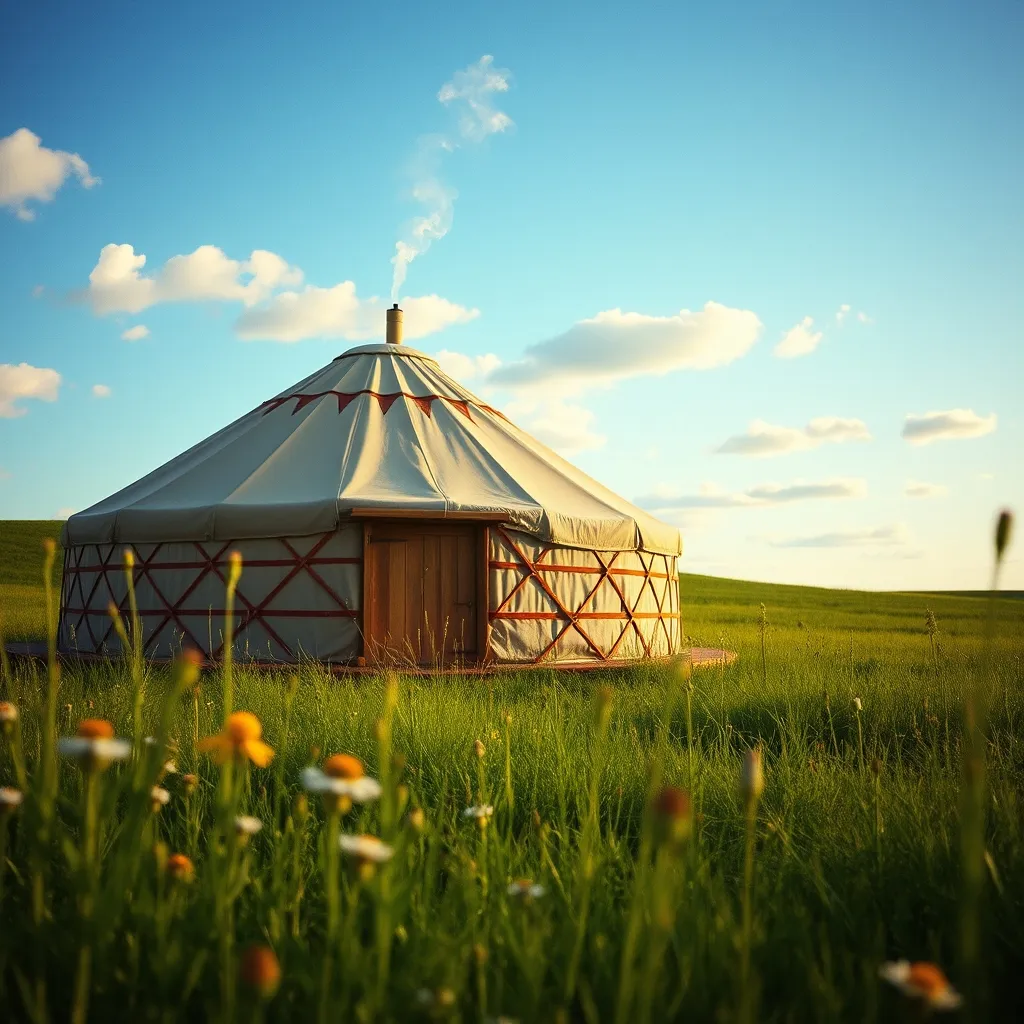 Yourte mongole traditionnelle dans une prairie du Maine-et-Loire