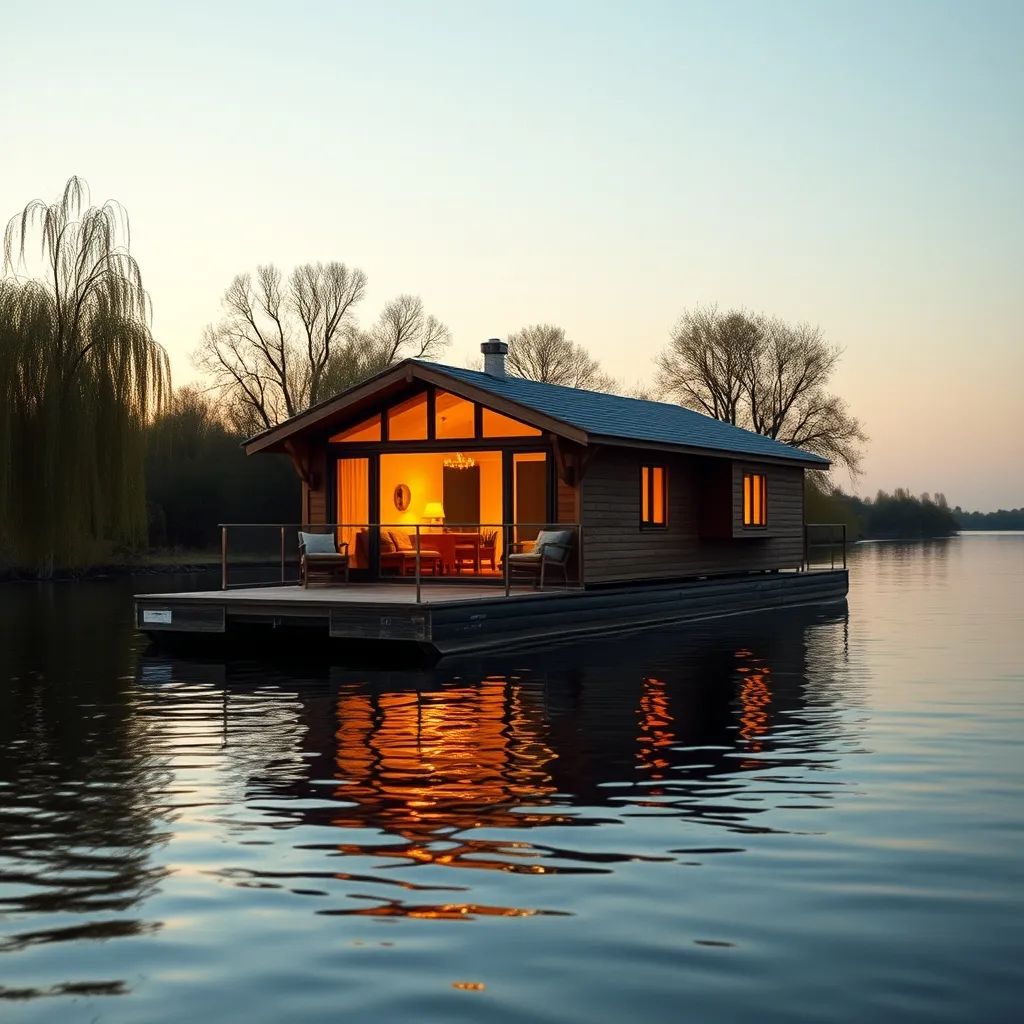 Cabane flottante amarrée sur un bras calme de la Loire au coucher du soleil