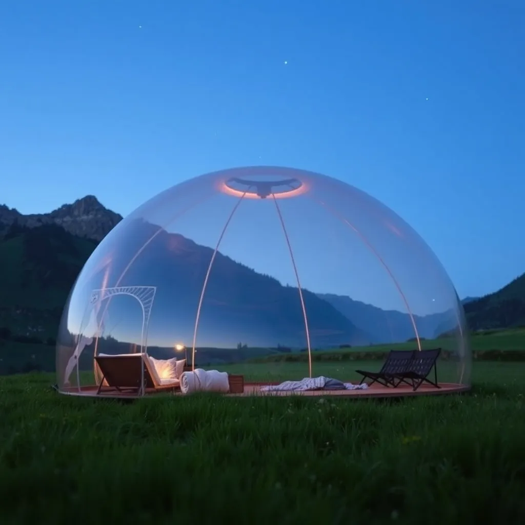 Bulle transparente installée face aux montagnes pour une nuit étoilée